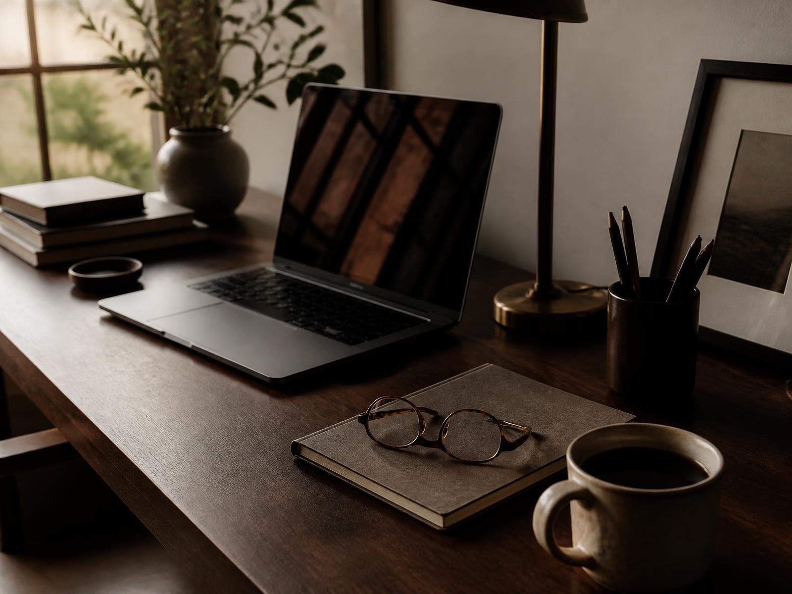 Workspace with laptop, notebook and coffee